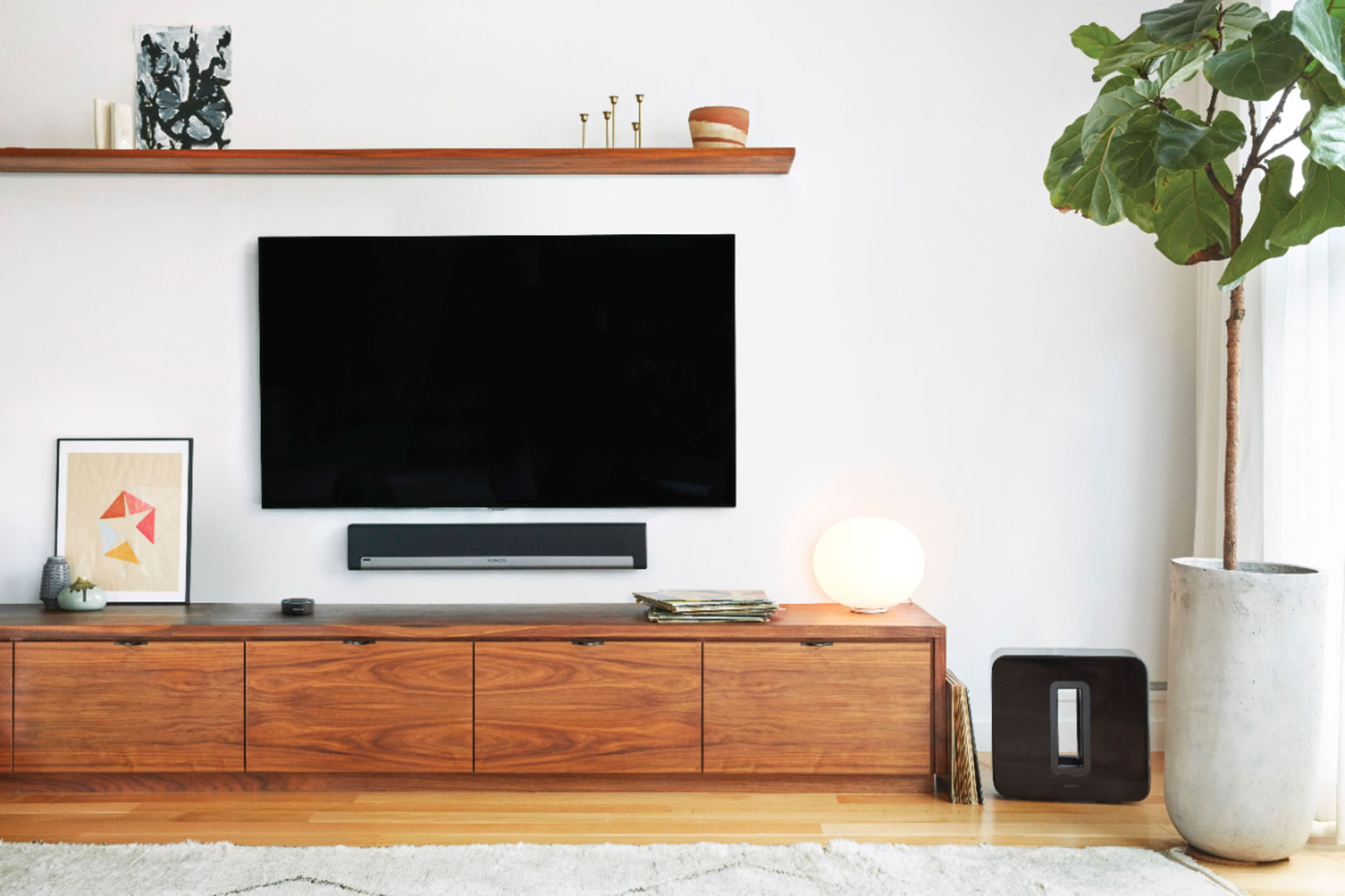 home entertainment system mounted on white wall